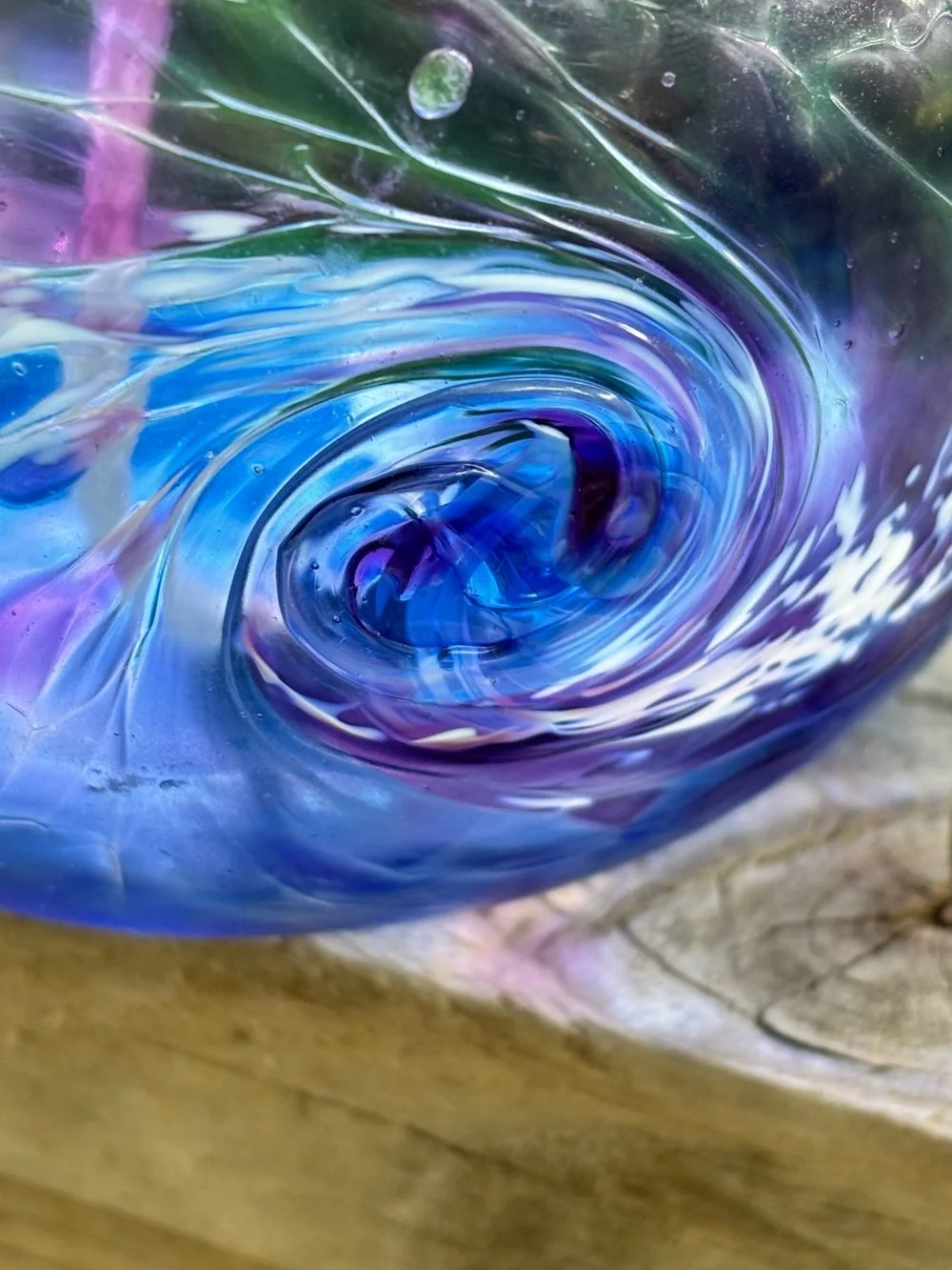 Hand Blown Canadian Glass Oil Lamp Purple/Blue Swirl Crackle Finish Vtg
